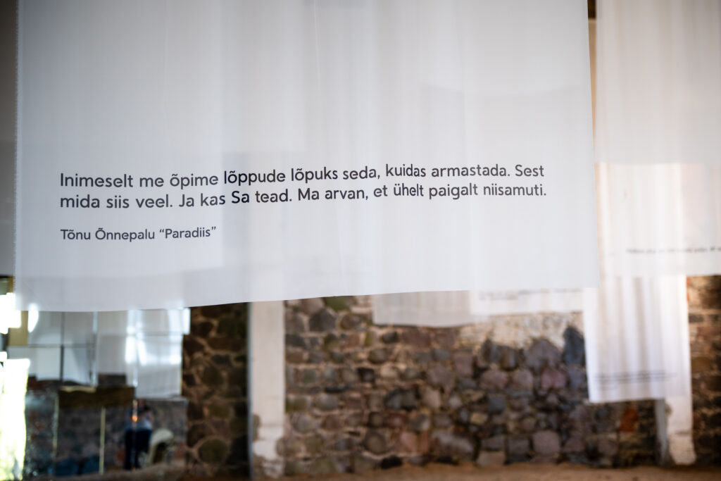 Peegeldused kunstiinstallatsioon Hiiumaal Viscosa Aurumajas, kardinale on trükitud tsitaat Tõnu Õnnepalu teosest "Paradiis"